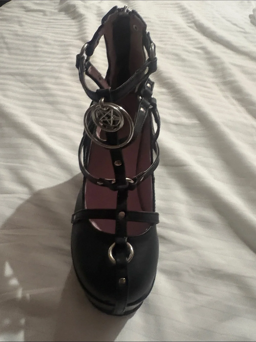 Demonia Black Strappy Platform Wedge Pumps